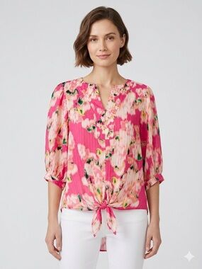 Rose & Olive Hot Pink Floral Tie-Front Blouse